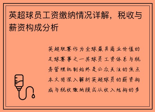 英超球员工资缴纳情况详解，税收与薪资构成分析