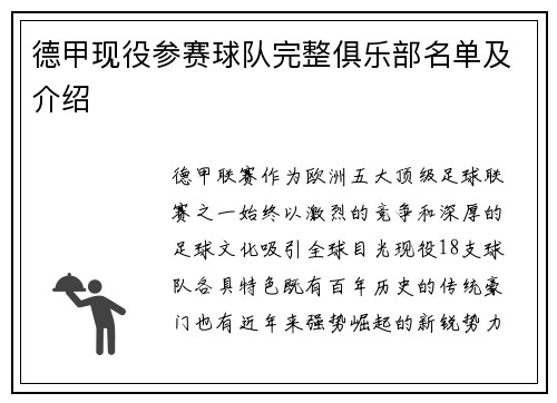 德甲现役参赛球队完整俱乐部名单及介绍